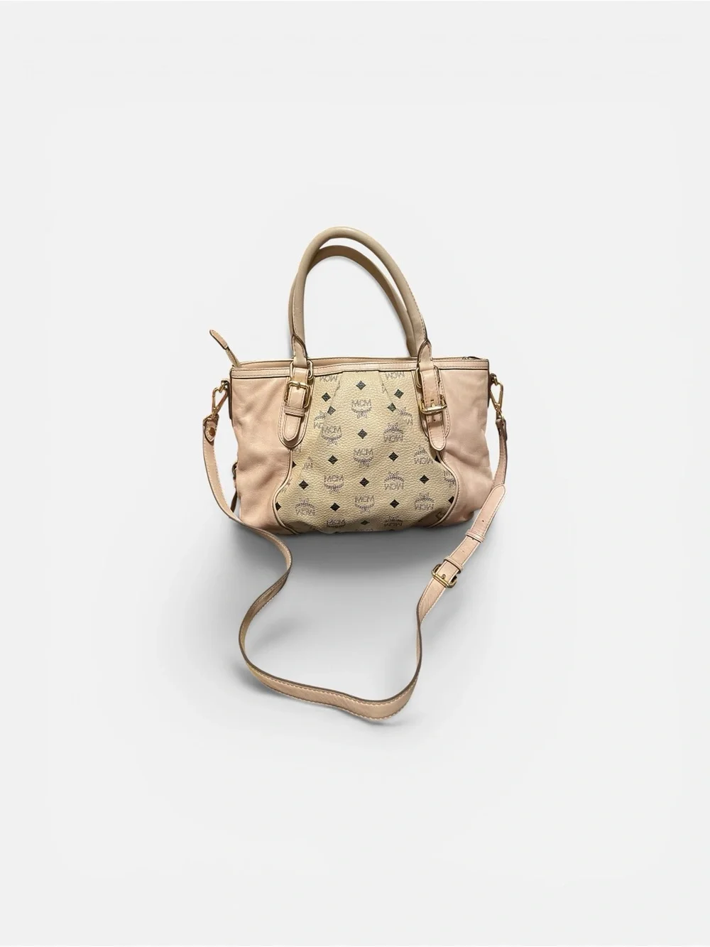MCM Beige and Blush Leather Satchel with Detachable Strap